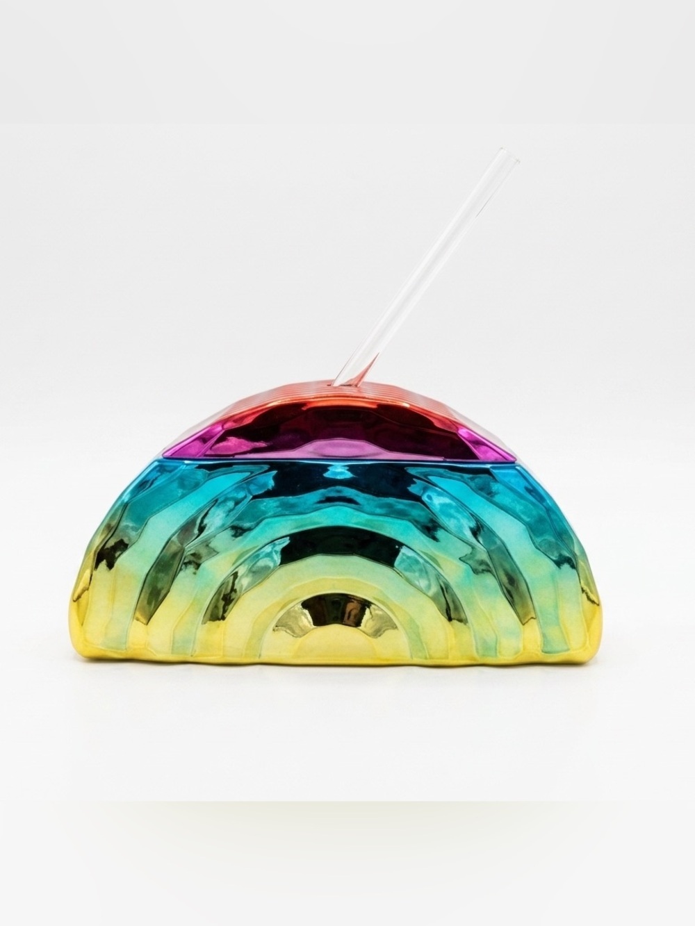 Rainbow Shaped Iridescent Chrome Tumbler Cup with Straw Novelty Drinkware Unused